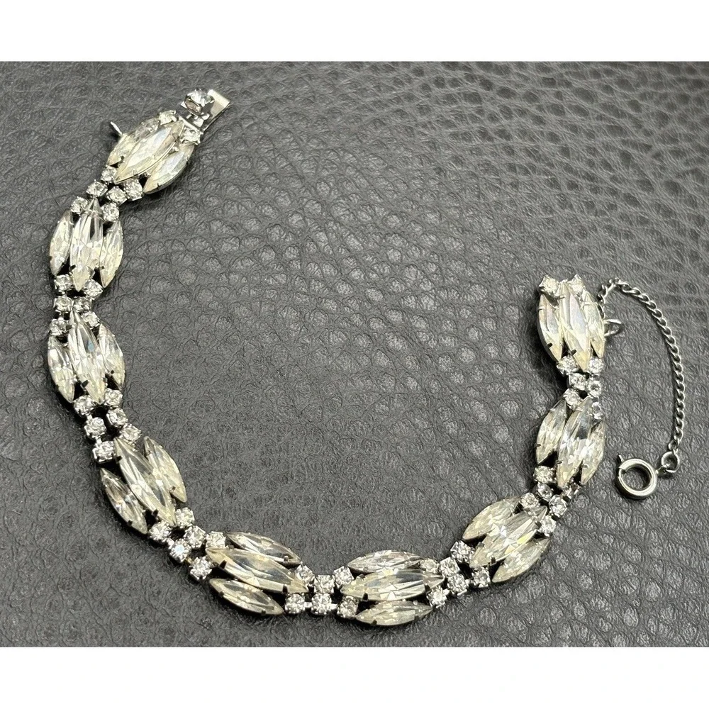 Vintage Weiss Art Deco Style Crystal Marquise Rhinestone Bracelet Silver Tone